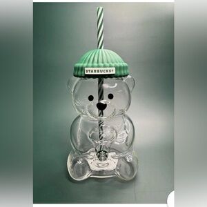 Starbucks Bearista 20oz  Glass Tumbler cup with Green Lid and beenie